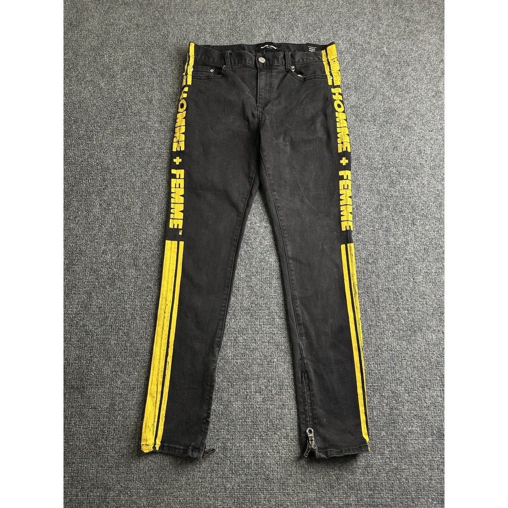 Mens Homme + Femme Black Yellow Side Stripe Graphic Zip Hem Jeans, Size 32